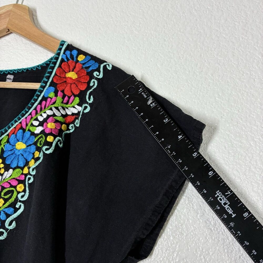 Mexican Embroidered Dress Womens M Black Floral Boho Short Cotton Tunic Peasant - Picture 7 of 9